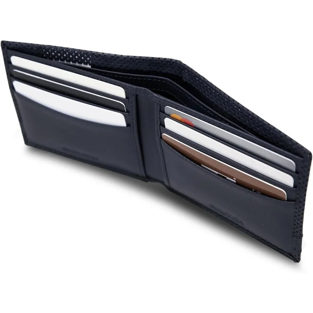 Men's Perforated-Navy Bifold Leather Wallet RFID Blocking ID Window Card Slots